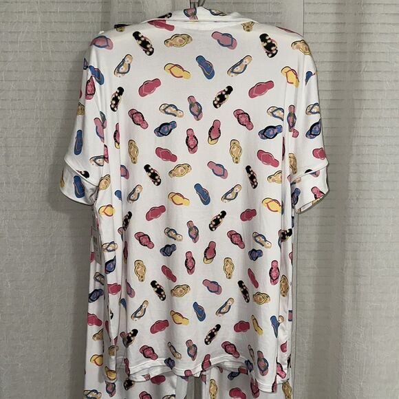 89th+MADISON L White Colorful Flip Flops Notch Collar Short Sleeve Pants PJ Set - Picture 7 of 14